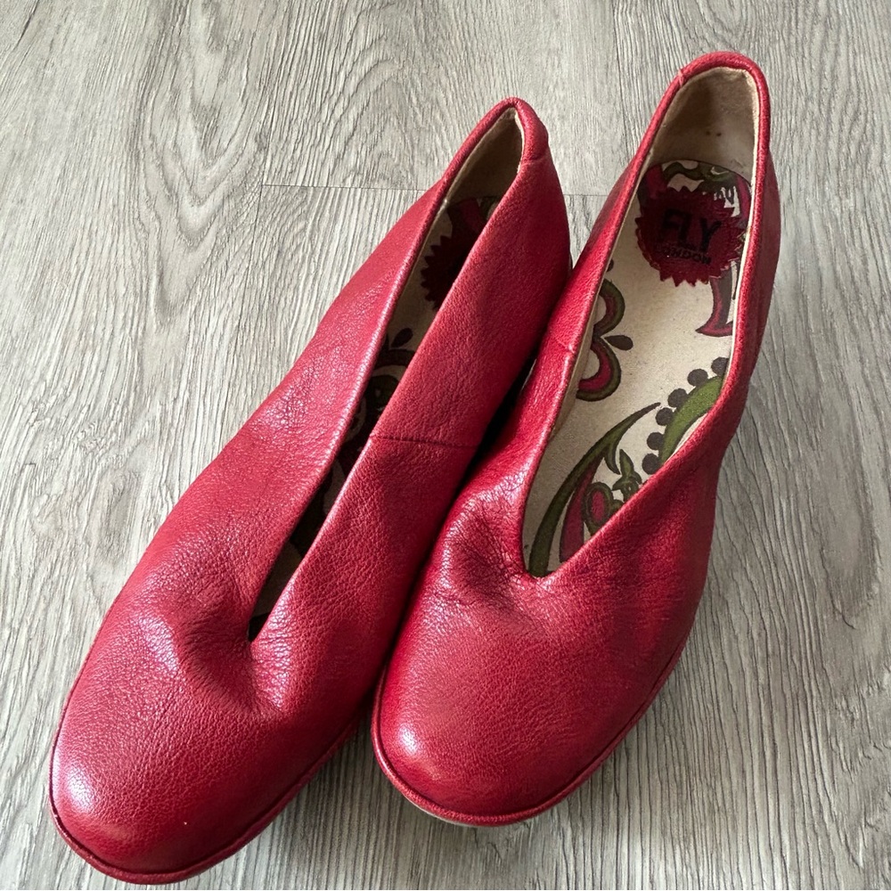 Fly London "YAZ" Lipstick Red Leather, Closed Toe, Slip-on Wedge